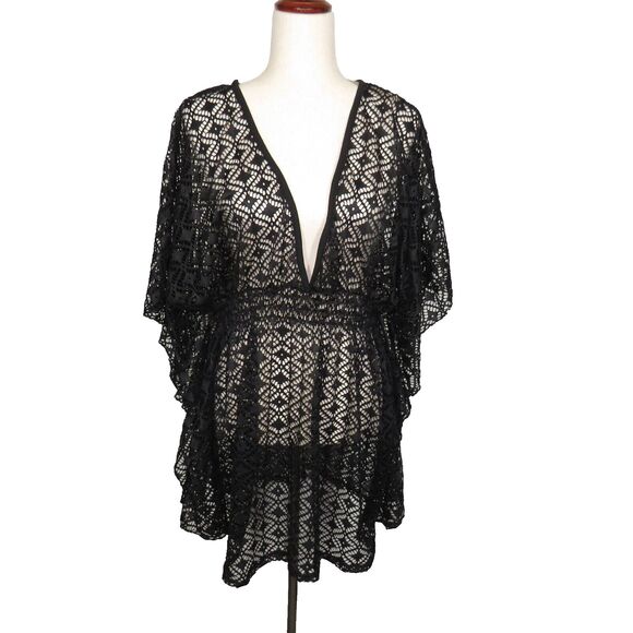 Miken Swim Black Crochet Batwing Sleeve Swim Cover Up Size XL - Picture 8 of 11